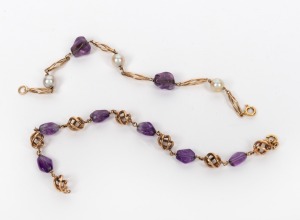 Two gold and amethyst bracelets, one with cultured pearls, one stamped "750", 17cm and 19cm long, 16 grams total including stones and pearls.