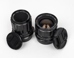 ASAHI KOGAKU: Two SMC 6 x 7 lenses, both with front and rear lens caps - one Takumar 75mm f4.5, together with one Macro-Takumar 135mm f4 with Asahi Kogaku leather case. (2 items)