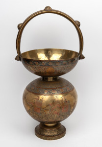 A North Indian brass pot, ornately decorated in niello silver and engraved frieze with elephant hunt scene in coloured enamel finish, 19th/20th century, 56cm high