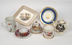 Antique English porcelain teapot, tankard, tea ware, honey pot, plate and dish, including 18th and 19th century examples, (8 items), the teapot 14cm high
