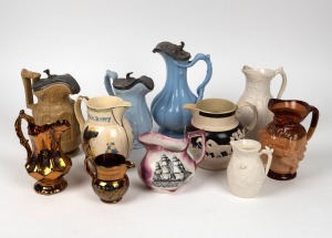 Eleven assorted antique English porcelain jugs including lustre ware, Sunderland ware, salt glaze, Admiral Nelson commemorative jug and others, mixed condition and vintages, the largest 26cm high