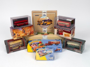 CORGI and MATCHBOX group of ten boxed die cast scale replicas in near mint condition, including buses, public transport, circus, Cascade Beer, etc