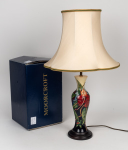 MOORCROFT "Simeon" English pottery table lamp and shade pale blue ground, by Phillip Gibson, in original box of issue, embossed factory mark to felt base, 68cm high overall.