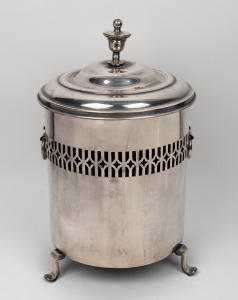 A vintage silver plated fireside lidded coal bin, early to mid 20th century, ​​​​​​​48cm high.