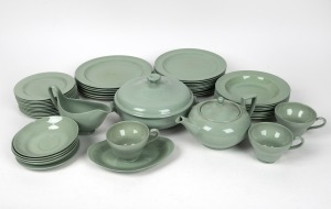 WEDGWOOD sage green English porcelain dinner ware including teapot, tureen, sauceboat etc., mixed condition with some faults, (qty).