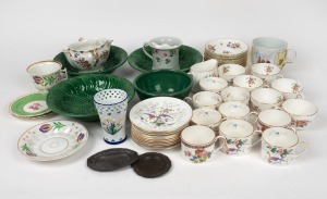 Assorted English porcelain tea ware, antique English porcelain moustache cups, green majolica bowls, pewter dishes etc., mixed condition, (qty).