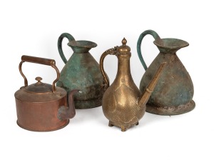An antique copper kettle; together with a pair of copper one gallon measures and an Indian brass water pot with leopard handle, 19th/20th century, (4 items), the largest 34cm high.