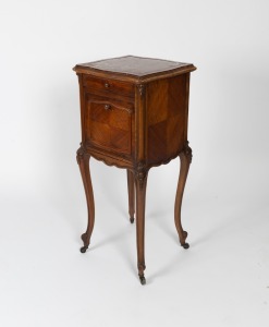 An antique French walnut bedside pot cabinet with rouge marble top and original marble lined interior, circa 1860, 89cm high, 40cm wide, 38cm deep.