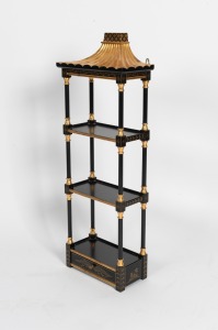 An ebonised and gilt decorated hanging wall shelf unit in the Thomas Hope style, 21st century, 93cm high, 33cm wide, 17cm deep.