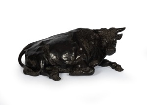 A Chinese cast bronze resting buffalo statue, 20th century, 43cm high, 102cm long.