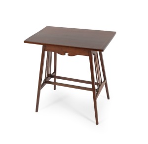 An Australian blackwood rectangular occasional table with barber pole string inlay, early 20th century, manufacturers ink stamp to underside (illegible), 63cm high, 61cm wide, 41cm deep.