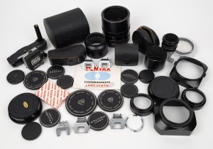 ASAHI KOGAKU: An accumulation of more than thirty Pentax accessories, including lens hoods, lens caps, light meter attachments, cold shoe mount attachments, microscope adapters, adapter rings, and others. (30+ items)