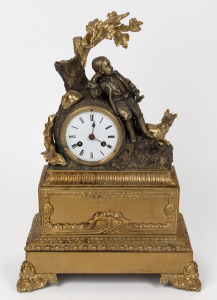 An antique French figured mantle clock in ornate gilt bronze ormolu case with eight day time and bell striking movement, circa 1850s. (Note: dial damaged). 40cm high.