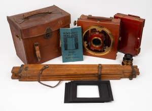 4&frac34; x 6&frac12;" plate field camera with Beck Symmetrical lens, lens cap, and Thornton-Pickard Time & Inst. roller-blind shutter, together with tripod legs and leather case with three plate holders.
