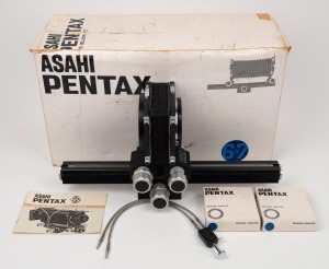 ASAHI KOGAKU: Asahi Pentax 6 x 7 Auto Bellows Set comprising 6 x 7 bellows, two different Asahi Pentax Reverse Adapters, Asahi Pentax double shutter release cable, instruction booklet, and maker's box.
