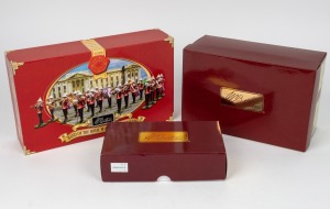 W. BRITAIN three near mint boxed sets: I.) BAND OF THE ROYAL MARINE LIGHT INFANTRY (Special issue limited edition), II.) SCOTS GUARDS COLOUR PARTY & SENTRY BOX, III.) WWII BRITISH 25 PD FIELD PIECE WITH CREW