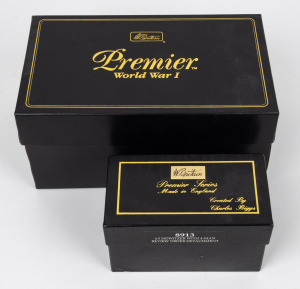 W. BRITAIN two near mint boxed "Premier Series" and "Premier Series WWI" sets: I.) 4.5 HOWITZER WITH FOUR MAN REVIEW ORDER DETACHMENT, II.) THORNYCROFT LORRY WITH ANTI-AIRCRAFT GUN & GUN DETACHMENT