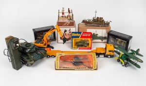 Assorted vintage models and toys including tinplate battery tank, Slugger Champions, tinplate bi-plane, DINKY armoured patrol car and others, mixed vintages and condition, (8 items)