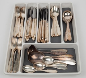 GEORG JENSEN vintage Danish silver plated cutlery set for twelve with servers, mid 20th century, (60 items).