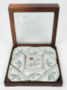 An antique Chinese porcelain savoury set, housed in a rosewood box with etched glass top, early 20th century, ​​​​​​​the box 30cm wide.