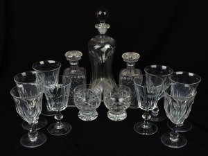 A set of eight antique ale glasses; together with a pair of English crystal tumblers, a Danish glass decanter and a pair of antique glass decanters with target stoppers, 19th and 20th century, (13 items), ​​​​​​​the largest 33cm high.