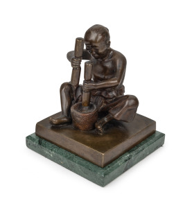 HOANG XUAN LAN (Vietnamese, early 20th century), bronze sculpture of a Vietnamese villager pounding corn or millet with pestles in a mortar, on later green marble base, circa 1930, inscribed on base "Fonderie Tonkinoise, Hoang Xuan Lan", 17.5cm high, 19cm