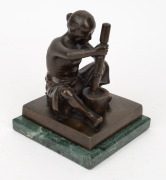 HOANG XUAN LAN (Vietnamese, early 20th century), bronze sculpture of a Vietnamese villager pounding corn or millet with pestles in a mortar, on later green marble base, circa 1930, inscribed on base "Fonderie Tonkinoise, Hoang Xuan Lan", 17.5cm high, 19cm - 3
