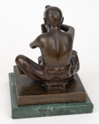 HOANG XUAN LAN (Vietnamese, early 20th century), bronze sculpture of a Vietnamese villager pounding corn or millet with pestles in a mortar, on later green marble base, circa 1930, inscribed on base "Fonderie Tonkinoise, Hoang Xuan Lan", 17.5cm high, 19cm - 4