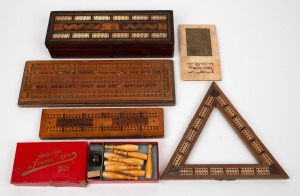 Assorted cribbage boards, miniature bowls game and bridge score book, 19th and 20th century, (6 items), the largest 33cm wide.