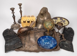New South Wales Fire Brigade reproduction helmet, a pair of vintage motorcycle gloves, a vintage miniature globe of the world, a spice rack, a Japanese blue and white porcelain plate, a Chinese comport, a Chinese flat iron, a pair of silver plated candles