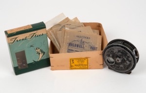 WALTON vintage fly fishing reel; together with a box of vintage trout flys and a quantity of salmon and trout fishing leaders in original packaging, (qty).