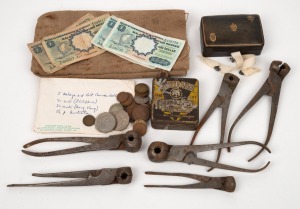 Six assorted bullet mould pliers, vintage Italian leather box with buttons, tobacco tin and assorted banknotes and coins, (qty).