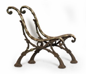 A pair of antique cast iron garden seat ends, 19th century, ​​​​​​​75cm high, 63cm deep.