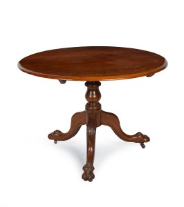 An antique Australian cedar circular tilt-top supper table with carved lion paw feet, 19th century, 75cm high, 103cm diameter