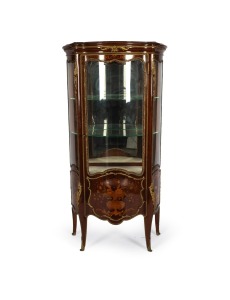 A vintage French vitrine with floral marquetry decoration and ormolu mounts, early to mid 20th century, 159cm high, 81cm wide, 42cm deep.