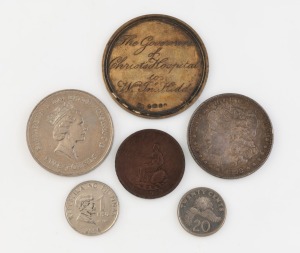 An antique silver prize medallion, engraved "The Governors of Christ's Hospital To WM. INo. Kidd, For Eminence In Arithmetic. The Prize 28 May, 1924", housed in original scarlet fitted plush box; together with assorted coins including an American 1898 sil