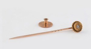An antique gold and diamond stick pick; together with a gold button back, 19th/20th century, (2 items), the pin 5.5cm long, 3 grams total