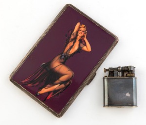 DUNHILL vintage cigarette lighter; together with a sterling silver cigarette case with enameled pin up beauty, (2 items)
