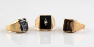 Three vintage 9ct gold gents signet rings, ​​​​​​​21.3 grams total