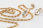 A 9ct gold chain, a 9ct gold ring with white stones and an Italian 9ct fine gold necklace with heart pendant set with a diamond, (3 items), 12.4 grams total
