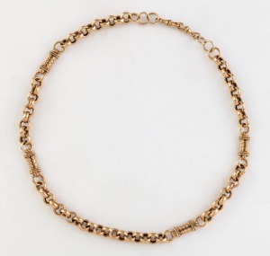 A 9ct gold fob chain, early 20th century. Note: Bulldog clips and first two links replaced with gold plate. 54 grams total.