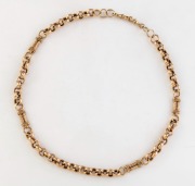 A 9ct gold fob chain, early 20th century. Note: Bulldog clips and first two links replaced with gold plate. 54 grams total.