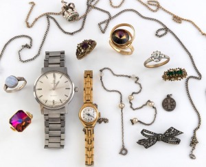 OMEGA gent's wristwatch in stainless steel case with original bracelet and buckle; together with an EDOX lady's wristwatch, six costume rings, silver and marcasite bow brooch, silver and faux pearl bracelet, two necklaces, a crown pendant and a silver St 