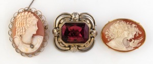 An antique 9ct gold and oval cameo portrait brooch, (5cm high); together with a gold plated cameo brooch and a costume brooch, (3 items)