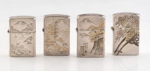 Four vintage Japanese silver cigarette lighters, engraved with landscape scenes and finished in niello and gold, mid 20th century, each stamped "Sterling", 5cm high