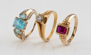 An 18ct gold ring and two 9ct gold rings, with stones including diamonds, rubies and topaz, 20th century, (3 items), 12 grams total