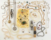 Assorted jewellery, rings, necklaces, round 50 cent piece pendant, three 9ct gold earrings and a 9ct gold pendant (1.9 grams total), assorted gilded silver rings, earrings, freshwater pearls, three assorted wristwatches, etc. (qty).