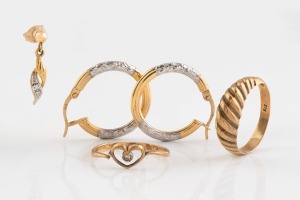 Two 9ct gold rings (damaged), together with a pair of 9ct gold earrings, and a single 9ct gold earring, 5.7 grams total.