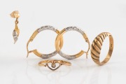 Two 9ct gold rings (damaged), together with a pair of 9ct gold earrings, and a single 9ct gold earring, 5.7 grams total.