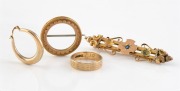 An antique Australian 9ct gold bar brooch, together with an antique 9ct gold circular brooch by WILLIS & SONS of Melbourne, a 9ct gold ring and a single 9ct earring, 19th/20th century, (4 items), the largest 6cm wide, 7.7 grams total.